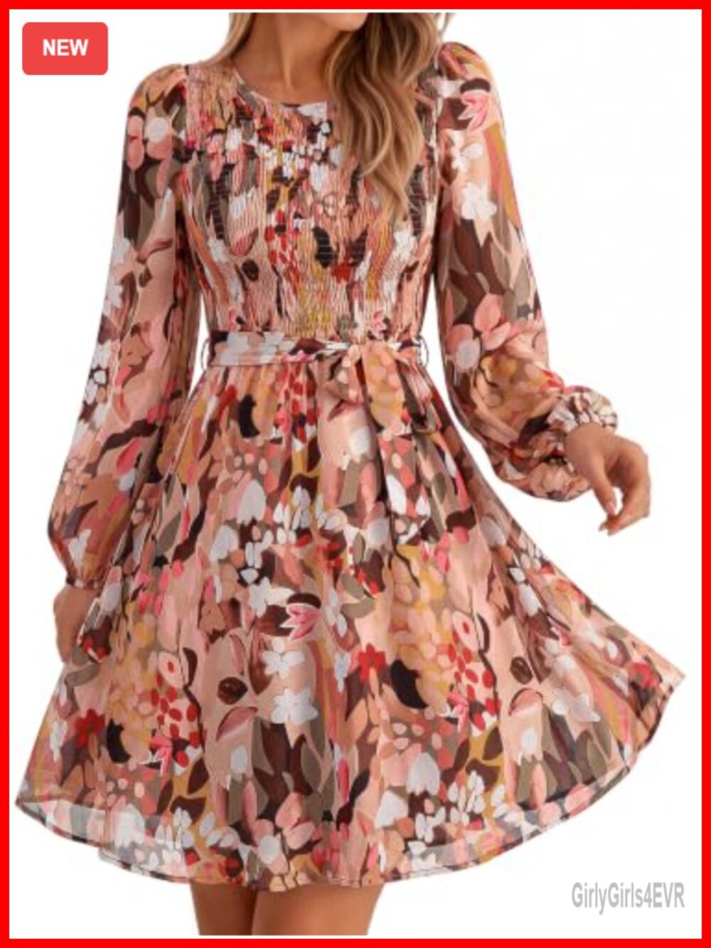 Floral Chiffon Smocked Long Sleeve Wedding Guest Mini Dress